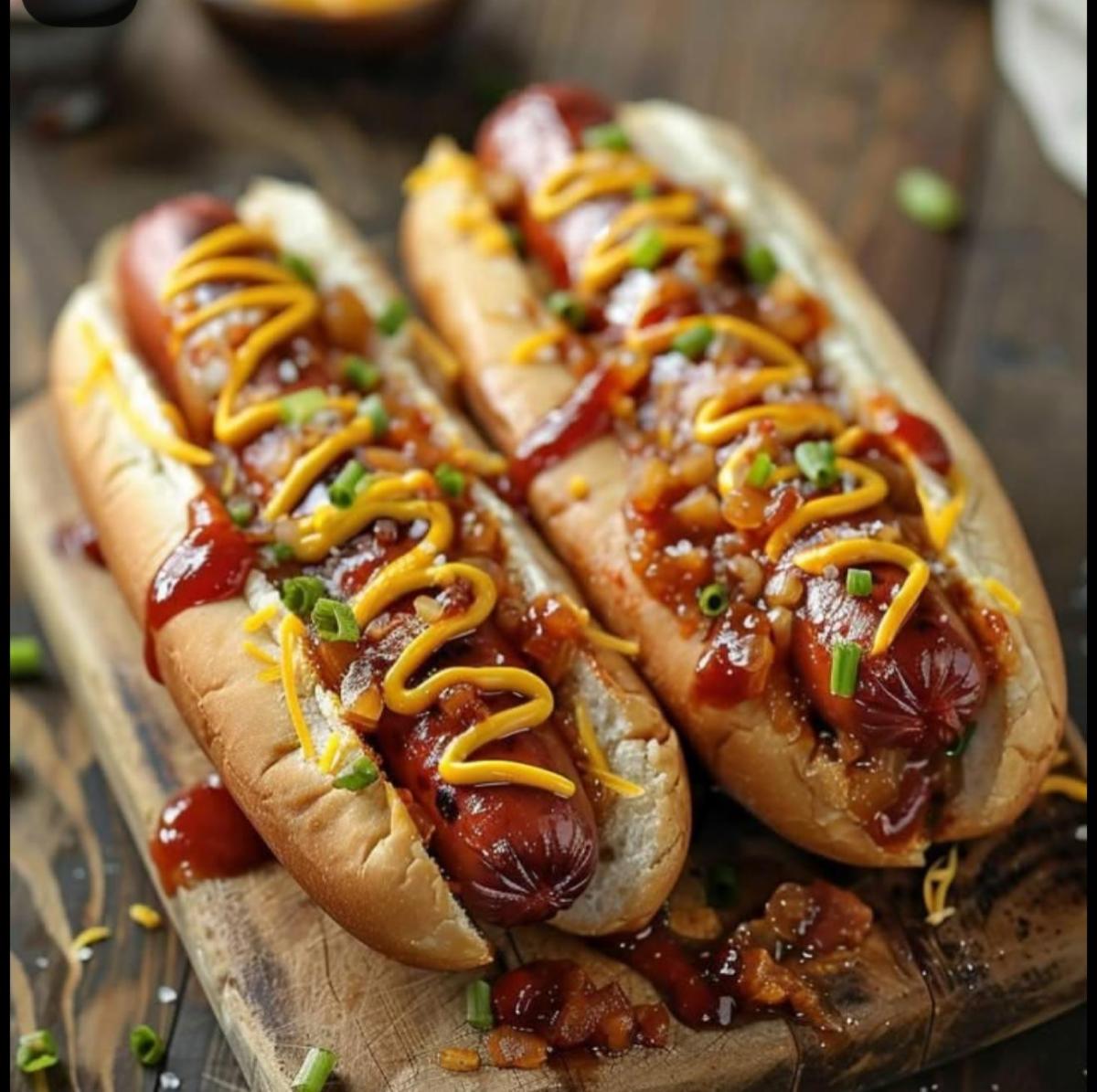 Loaded hot dogs with chili, mustard and toppings on a wooden board